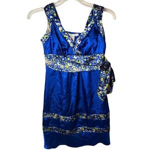 Charlotte Russe Y2K Vintage Mini Dress Womens S Blue Geometric Satin Euro V-Neck